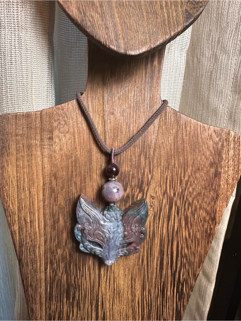 Blue & Purple Ocean Jasper Fox Mask Pendant Necklace on Brown Rope with Garnet - Picture 12 of 13